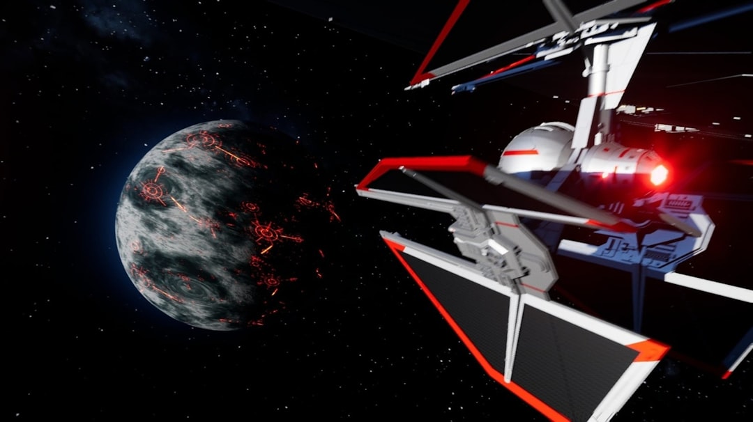 Spaceship approaching a fiery planet in space