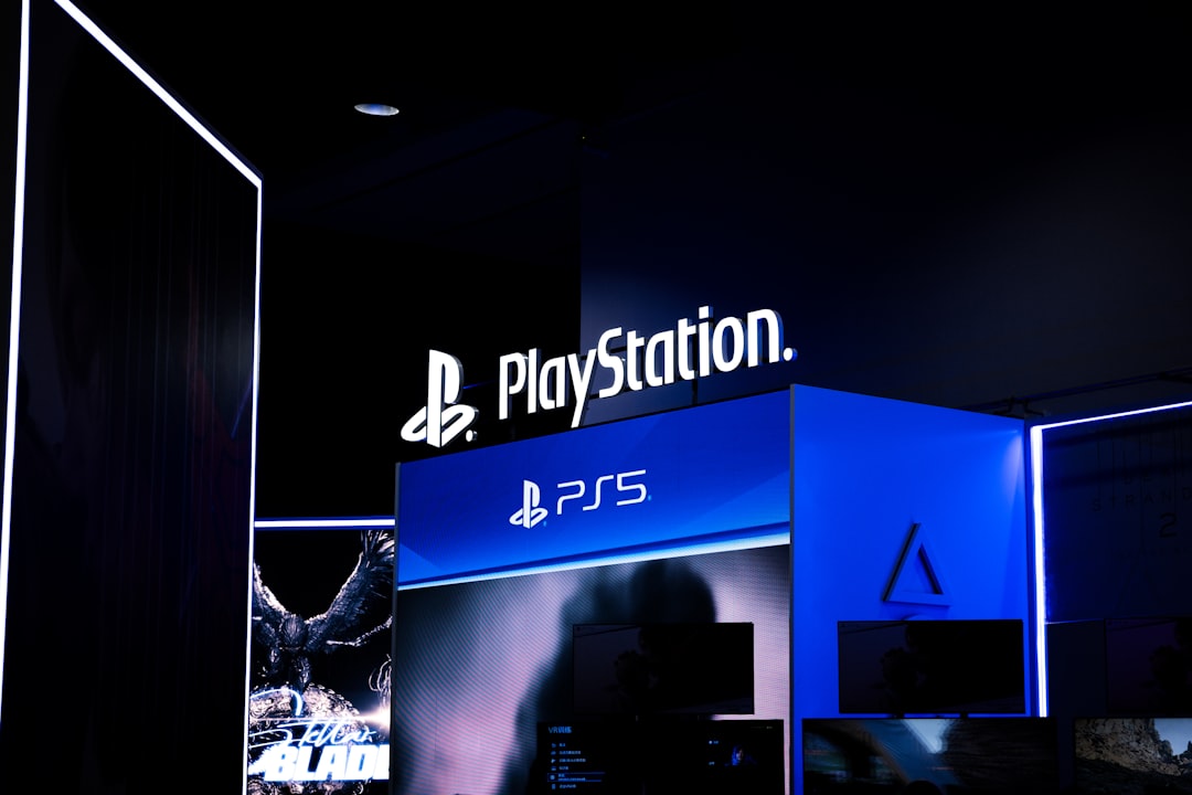 Playstation logo and ps5 branding at night